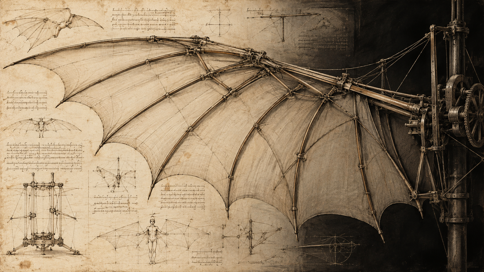 A finely drawn study of articulated wings and a mechanical invention